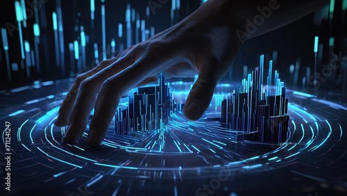 A digital hand formed of glowing blue lines manipulates a pie chart in a virtual environment, symbolizing the increasing importance of technology in business analysis.