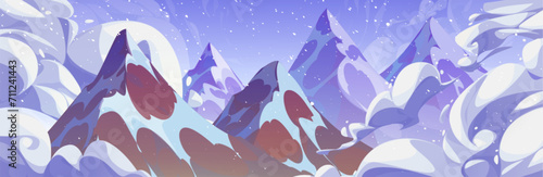 Peaks of high rocky mountains above clouds in snowfall weather. Snowy stone hill top above haze against cloudy sky during blizzard. Cartoon vector of aerial panoramic winter landscape with rock mount.