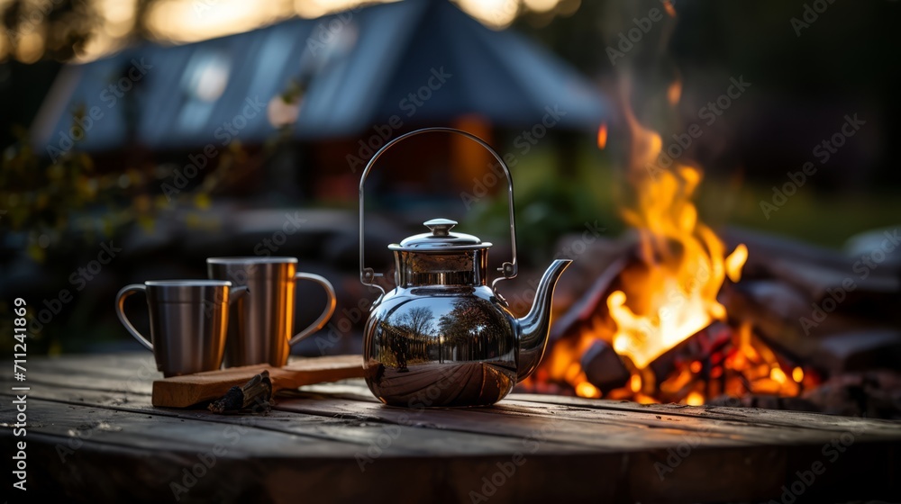 The rustic charm of outdoor living with an old kettle and mugs by a campfire The rustic charm of outdoor living with an old kettle and mugs by a campfire