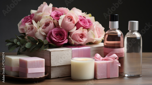 Artisanal beauty care package with soap and pink roses for a touch of luxury