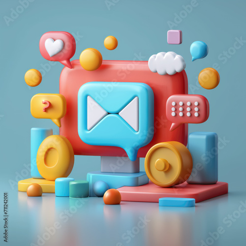 3d image of a laptop with a balloon on it, clock icon, speech and social icons cute , digital constructivism, sky-blue and pink, miniature sculptures, use of common materials web service concept  photo