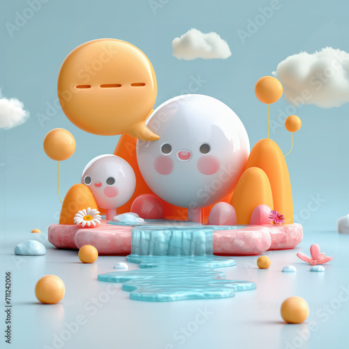 4 color cartoon smoochers 3d illustration, in the style of emotional landscapes, playful character design, light aquamarine and orange, japanese minimalism, water drops speech bubbles symbol for chat 