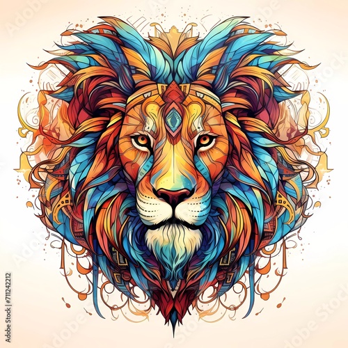 Abstract lion head close up with tangled doodle elements. Full color illustration. generative ai
