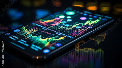 Burst of stock market activity illustrated on a digital interface above a phone