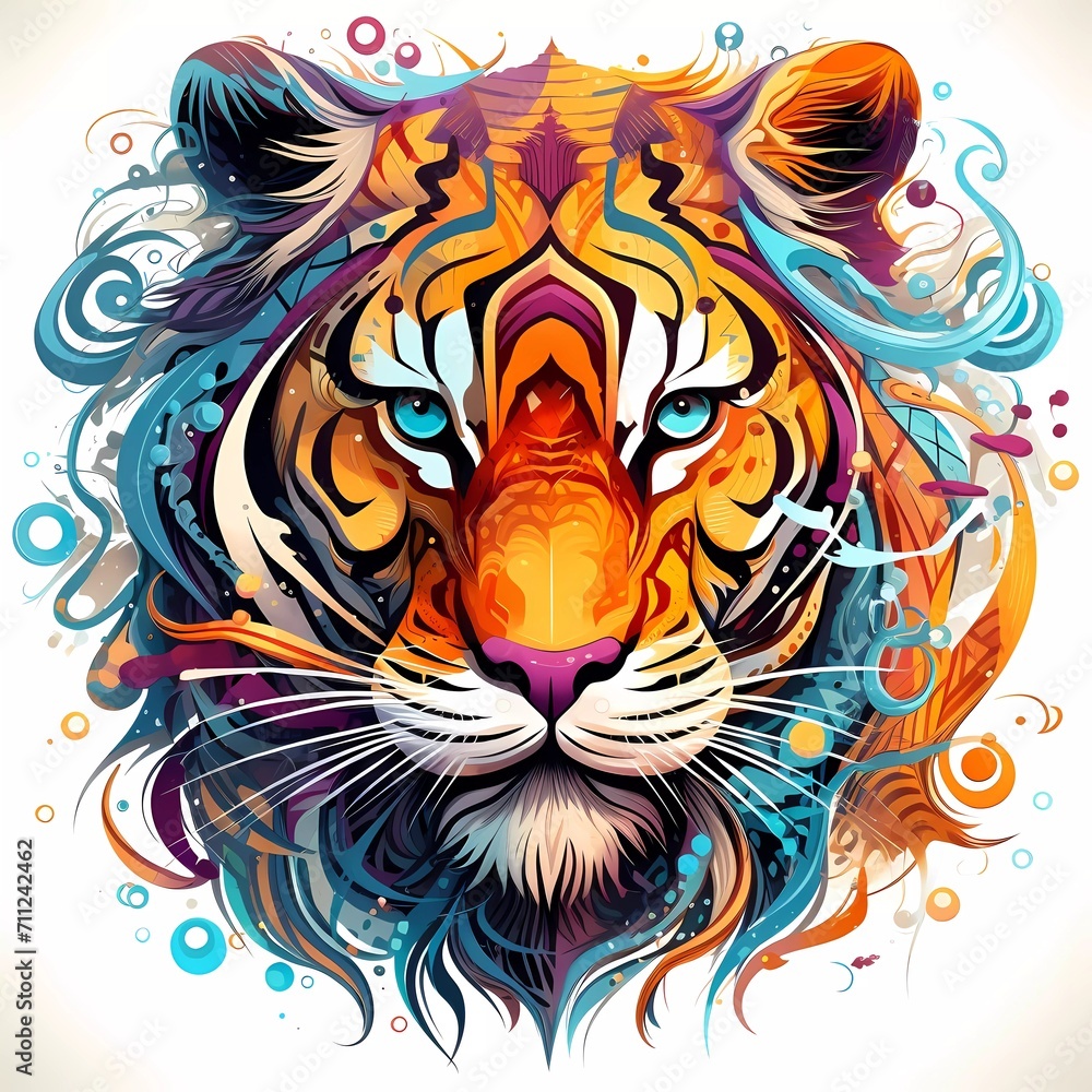 Abstract tiger head close up with tangled doodle elements. Full color illustration. generative ai