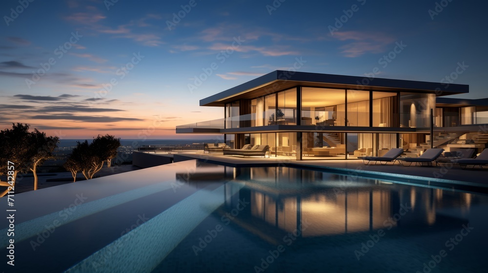 Modern architecture meets tranquil nature in this stunning poolside evening scene - obrazy, fototapety, plakaty 