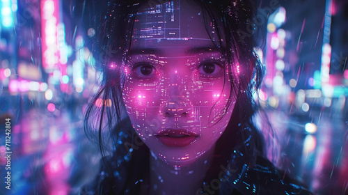 A Young Asian Woman Standing in a City Street at Night With a Digital Pattern Projected Onto Her Face
