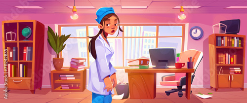 Tired doctor or nurse standing in office with lots of papers and folders. Cartoon burnout exhausted and workload female medical worker in room interior with desk and computer, cabinet and window.