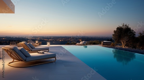 An inviting infinity pool terrace graced by the soft hues of dusk © Malika