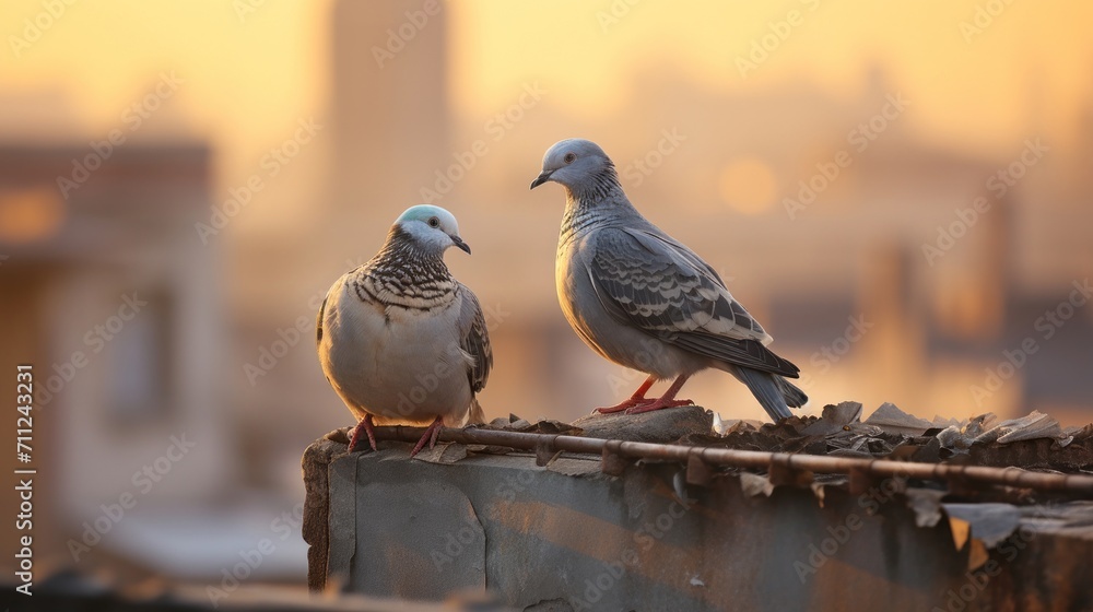 Pair of pigeons rest on a rustic rooftop, a snapshot of urban wildlife - obrazy, fototapety, plakaty 