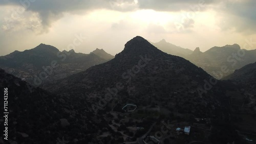 Drone footage of a sunset over the mountains in Taif, Saudi Arabia photo
