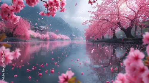Tranquil scene of Sakura trees in full bloom along a peaceful river, petals gently falling, serene photo