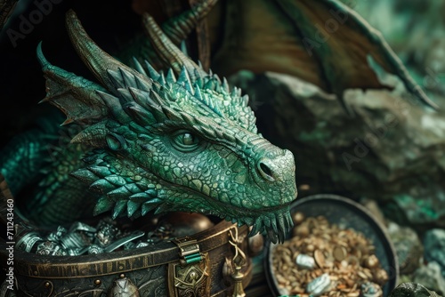  Emerald dragon guards hidden treasure trove  a mystical protector of secret riches.