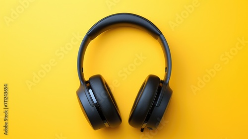 Black headphones are on a yellow background