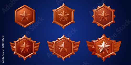 Set of game rank shields isolated on background. Vector realistic illustration of hexagonal scratched military badges decorated with metal star and wings, winner award, medieval emblem, success symbol