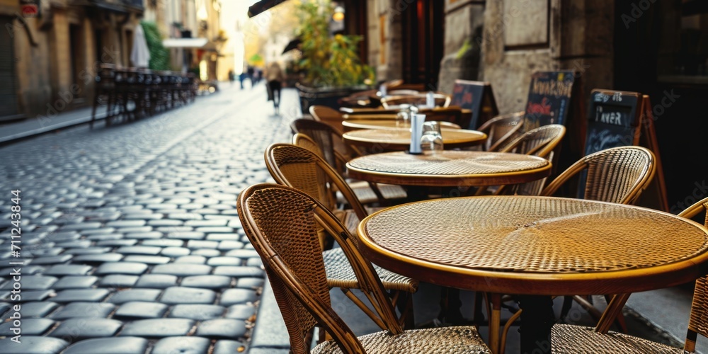 Tables and chairs of outdoor cafe in european city