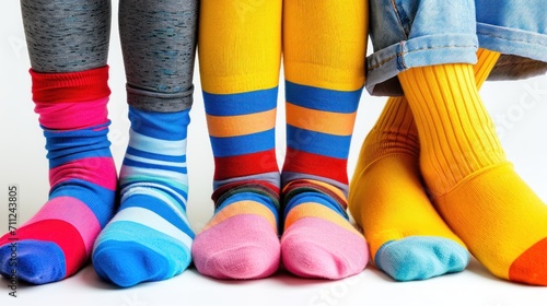 Odd socks day concept. Six Children's legs in different socks on a white background photo