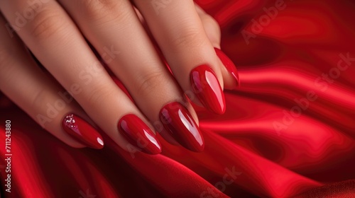 Photos of the design of red nails on the hands, advertising the color of the nails