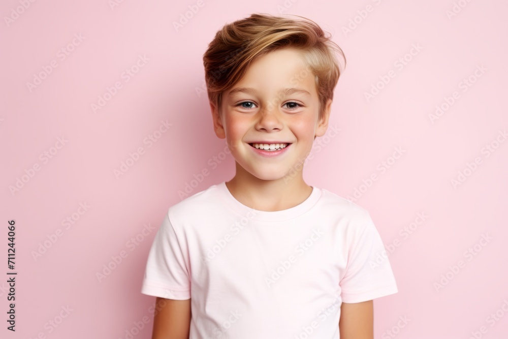Portrait of a smiling little boy in a white T-shirt on a pink background Portrait of a smiling little boy in a white T-shirt on a pink background