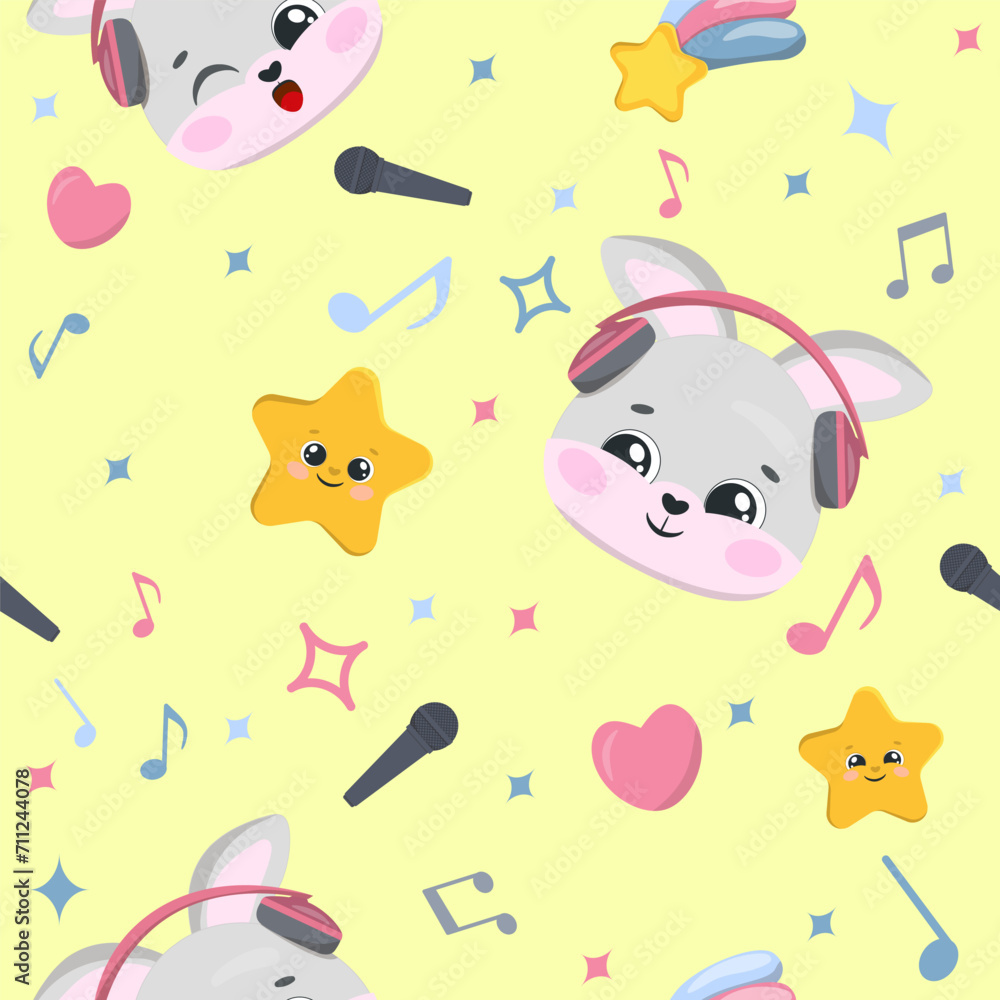 Cute cartoon rabbit or hare wearing headphones listens to music. The rabbit is singing in headphones. Asterisks. Notes