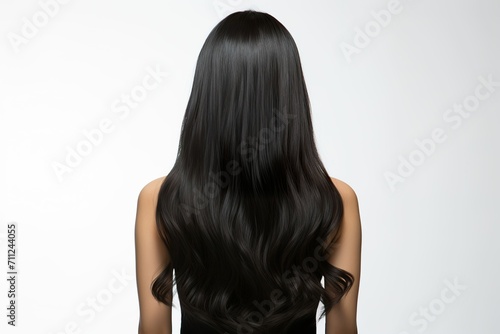 Rear view of woman with healthy and shiny black long hair, hair dye advertising, salon advertising, hair salon advertising wallpaper, hair color swatch, hair design photo