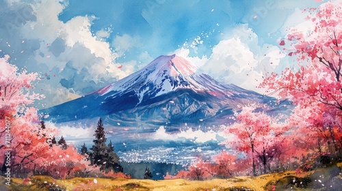 Whimsical portrayal of Mount Fuji in watercolors, with blooming sakura trees in the foreground, dreamy and poetic â€“v 6 --ar 16:9 --stylize 300 --v 6 Job ID: a8bf2d1d-3a64-4625-8bd7-35dd371e8728 photo