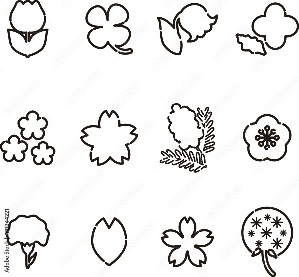 花 アイコン あしらい ピクトグラム ロゴ かわいい シンプル 線画 白黒 イラスト素材セット 花 アイコン あしらい ピクトグラム ロゴ かわいい シンプル 線画 白黒 イラスト素材セット