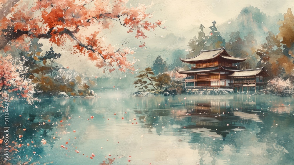 Watercolor painting of a serene Japanese garden, soft pastel hues, cherry blossoms gently falling on a tranquil pond Watercolor painting of a serene Japanese garden, soft pastel hues, cherry blossoms gently falling on a tranquil pond