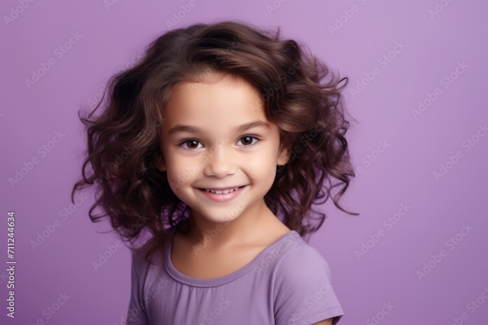Portrait of a cute little girl with long curly hair on a purple background Portrait of a cute little girl with long curly hair on a purple background