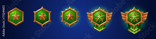 Military game rank buttons set isolated on background. Vector realistic illustration hexagonal green shield badges in golden frames decorated with gemstone star and wings, winner award, success symbol photo