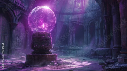 Medieval scene with a purple orb atop an ancient pedestal, inside a mysterious castle chamber