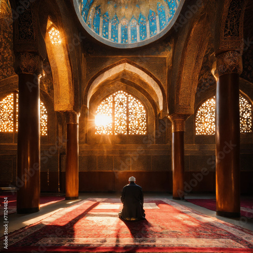 Prayer Illuminated, A serene moment in a mosque, as light cascades through a window, capturing the essence of Ramadan devotion.
