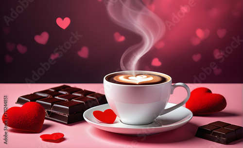 Valentine s Day theme with a steaming cup of coffee beside a few pieces of dark chocolate  soft pink and red hues dominate the scene romantic  subtle heart shapes in the coffee s foam. Generative AI