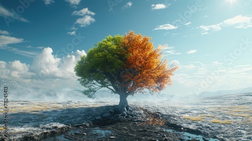 Abstract concept of growth and decay, a tree with one side lush and the other withering, symbolic of life cycles