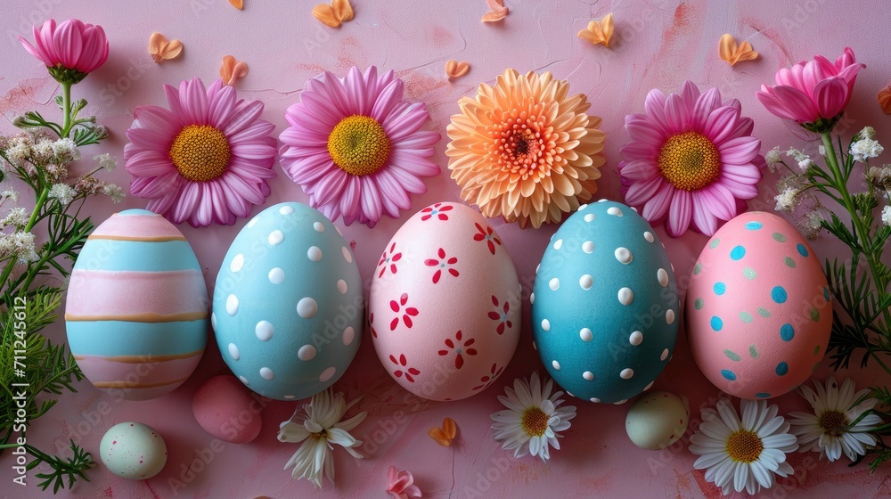 Flat lay of beautifully decorated Easter eggs, an array of patterns and colors