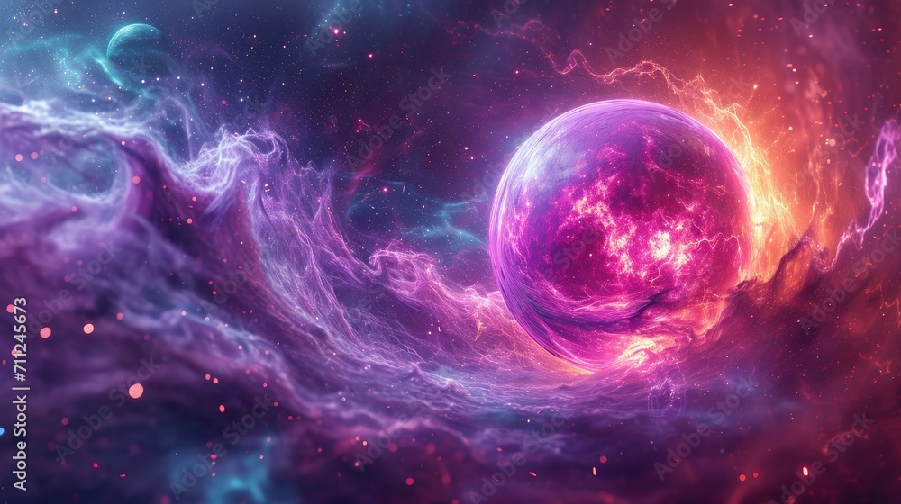 Abstract art piece featuring a purple orb surrounded by swirling cosmic energy, vibrant and dynamic