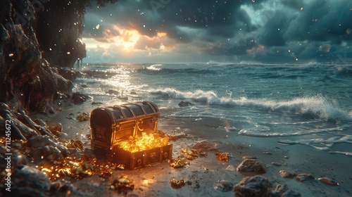 Stormy beach scene with a washed-up pirate treasure chest, overflowing with gold and gemstones photo