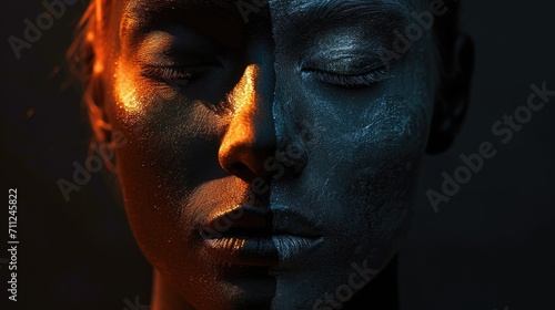 Artistic representation of human emotions, a face with half in shadow and half in light, symbolizing duality photo