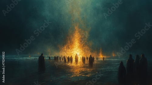 A bonfire on a beach, groups of people gathered around