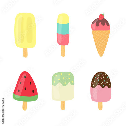 Ice cream icons set in flat cartoon style. Vector illustration isolated on white background.