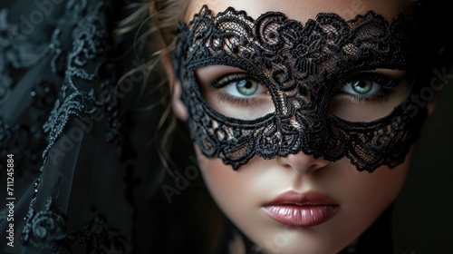 A young woman with a black lace mask over her eyes on a black background
