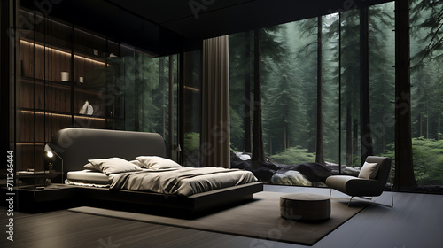 Minimalistic matte black mansion bedroom, view of a pale green alpine forest, luxury but minimal, everything matte black, warm white lighting in corners 