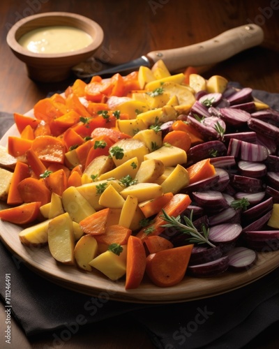 An edible rainbow in vibrant hues, roasted root vegetables offer a mosaic of flavors and textures. From the creamy white tur to the velvety redskinned potatoes and the vibrant orange carrots, photo
