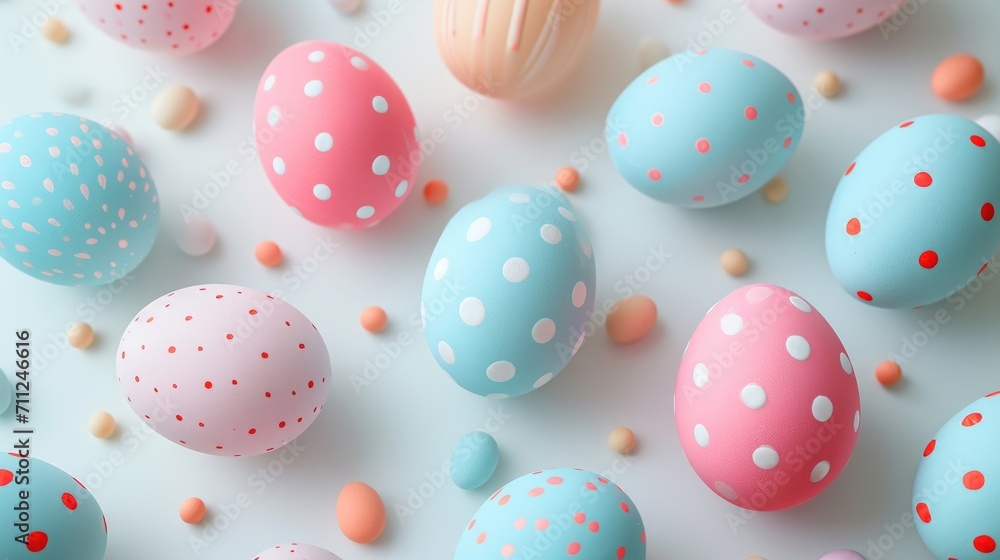 Minimalist Easter egg design in a flat lay, eggs with simple geometric patterns, soft color palette, on a white background