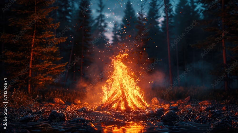 Roaring campfire at night, vibrant flames casting a warm glow on surrounding trees Roaring campfire at night, vibrant flames casting a warm glow on surrounding trees