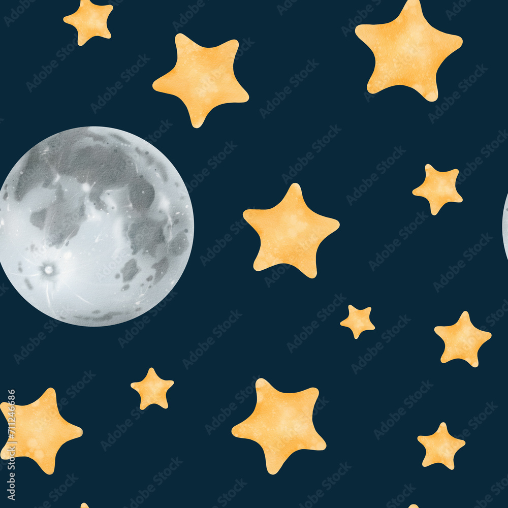 Watercolor seamless pattern of a starry night sky. Dark background. Yellow stars and a detailed gray moon. Cosmic theme for kids. Ideal for children's rooms, textiles, baby apparel, and notebooks Watercolor seamless pattern of a starry night sky. Dark background. Yellow stars and a detailed gray moon. Cosmic theme for kids. Ideal for children's rooms, textiles, baby apparel, and notebooks