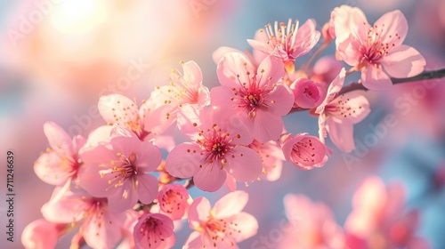 Close-up of Sakura blossoms against a clear blue sky, delicate pink petals and soft sunlight, symbolizing spring