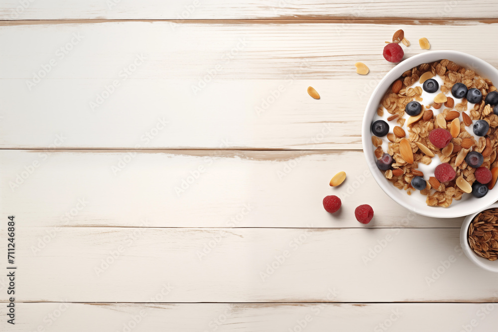 A bowl of cereal with milk, grains, nuts, oats, and berries on a clean white table against a clean background with room for text. A bowl of cereal with milk, grains, nuts, oats, and berries on a clean white table against a clean background with room for text.