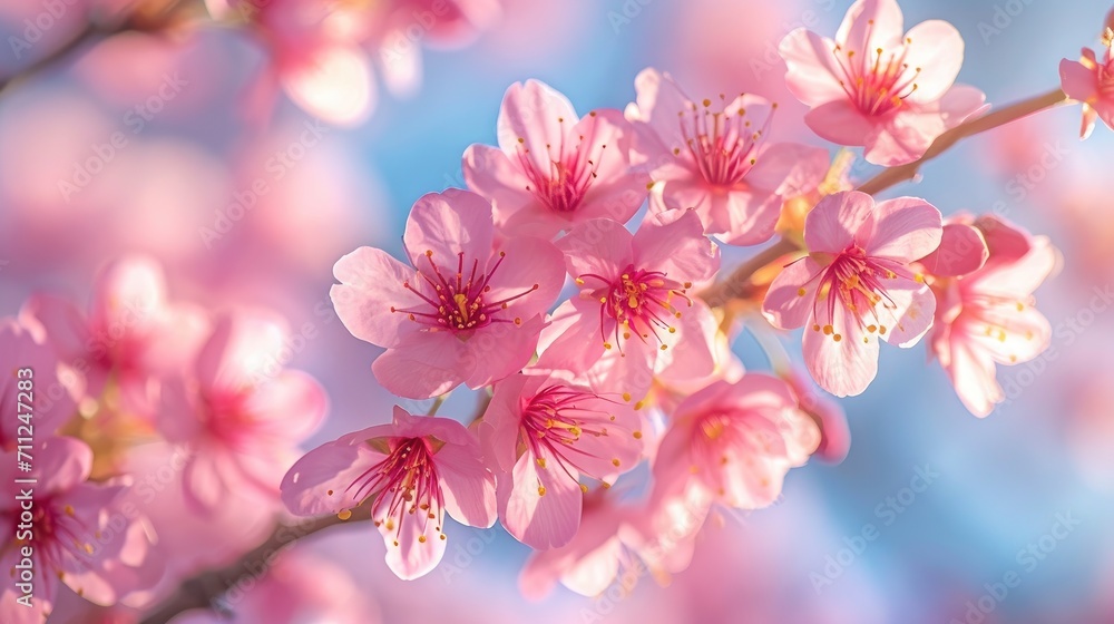 Close-up of Sakura blossoms against a clear blue sky, delicate pink petals and soft sunlight, symbolizing springs Close-up of Sakura blossoms against a clear blue sky, delicate pink petals and soft sunlight, symbolizing springs