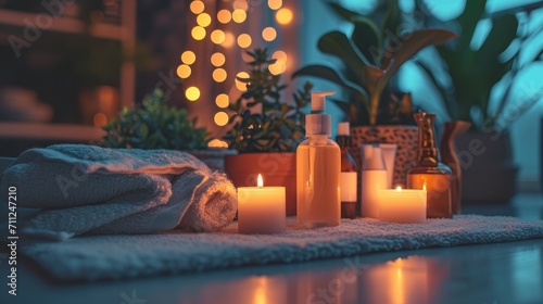 Nighttime skin care routine display, calming products and mood lighting, serene and peaceful bedtime theme photo